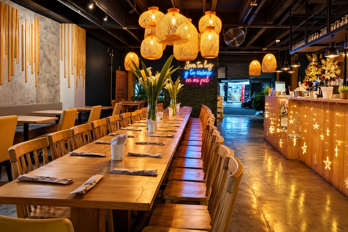Interior de Tepuy Envigado con mesa de madera y lámparas tejidas